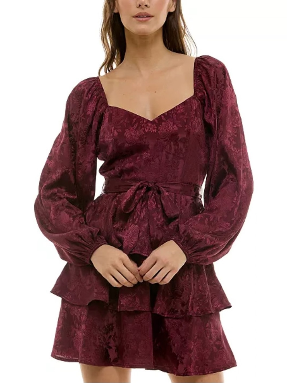 Altar'd State Burgundy Tiered Lace Long-Sleeve Mini Dress - Picture 2 of 4